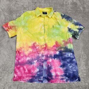 Staple Pigeon Button Shirt Mens 2XL Yellow Green Red Tie Dye Paint Splatter‎